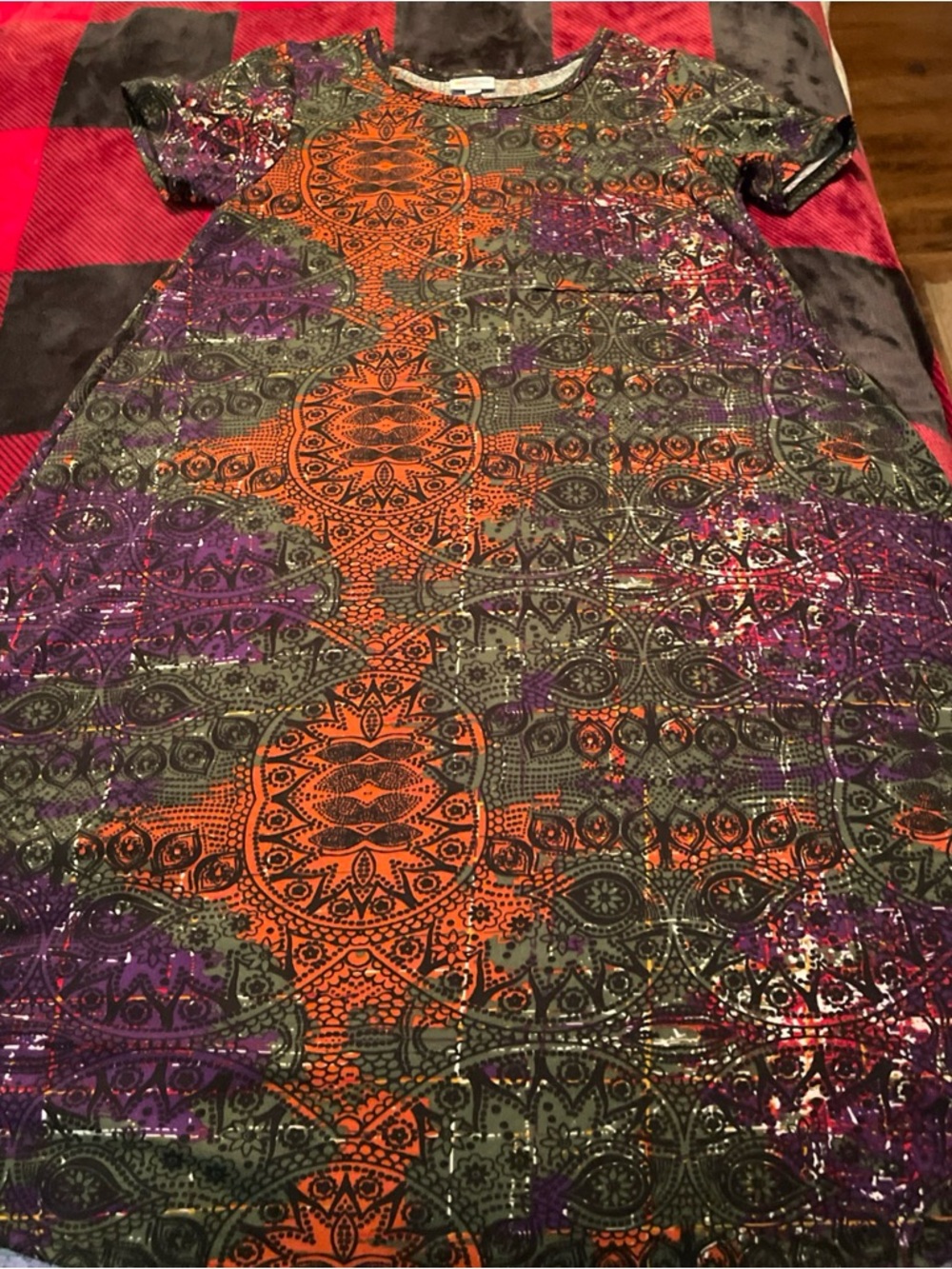 Womens Midi Dress in Orange, Purple & Olive - Casual Printed Short Sleeve